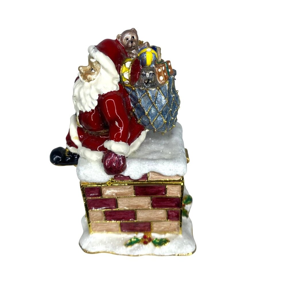 Enameled Bejeweled Santa on Chimney Jewelry Trinket Box collectable - Picture 6 of 11